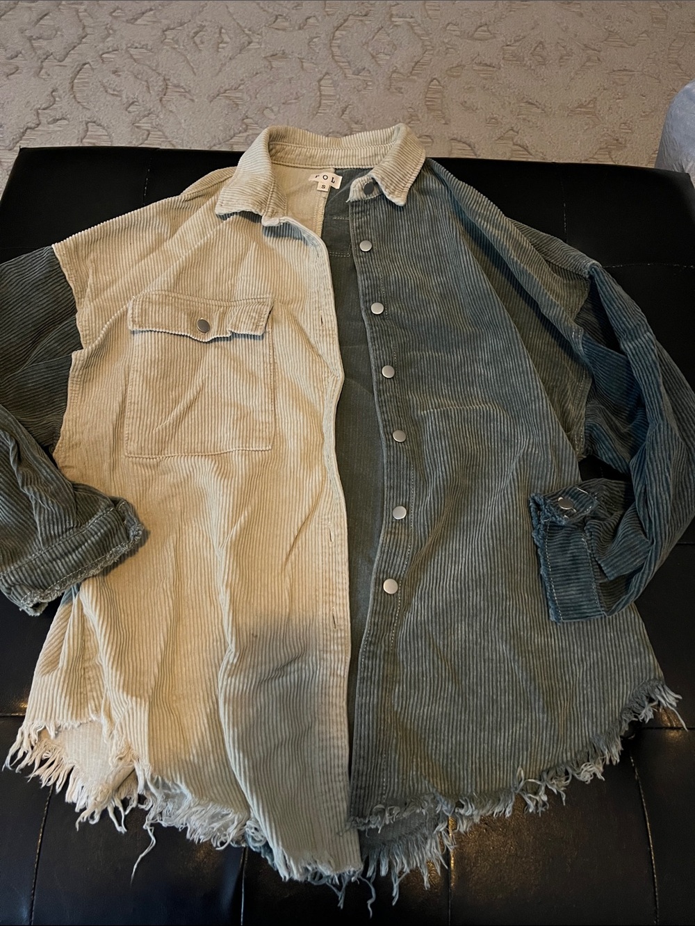 POL Two-Tone Corduroy Shirt Jacket in Beige and Teal